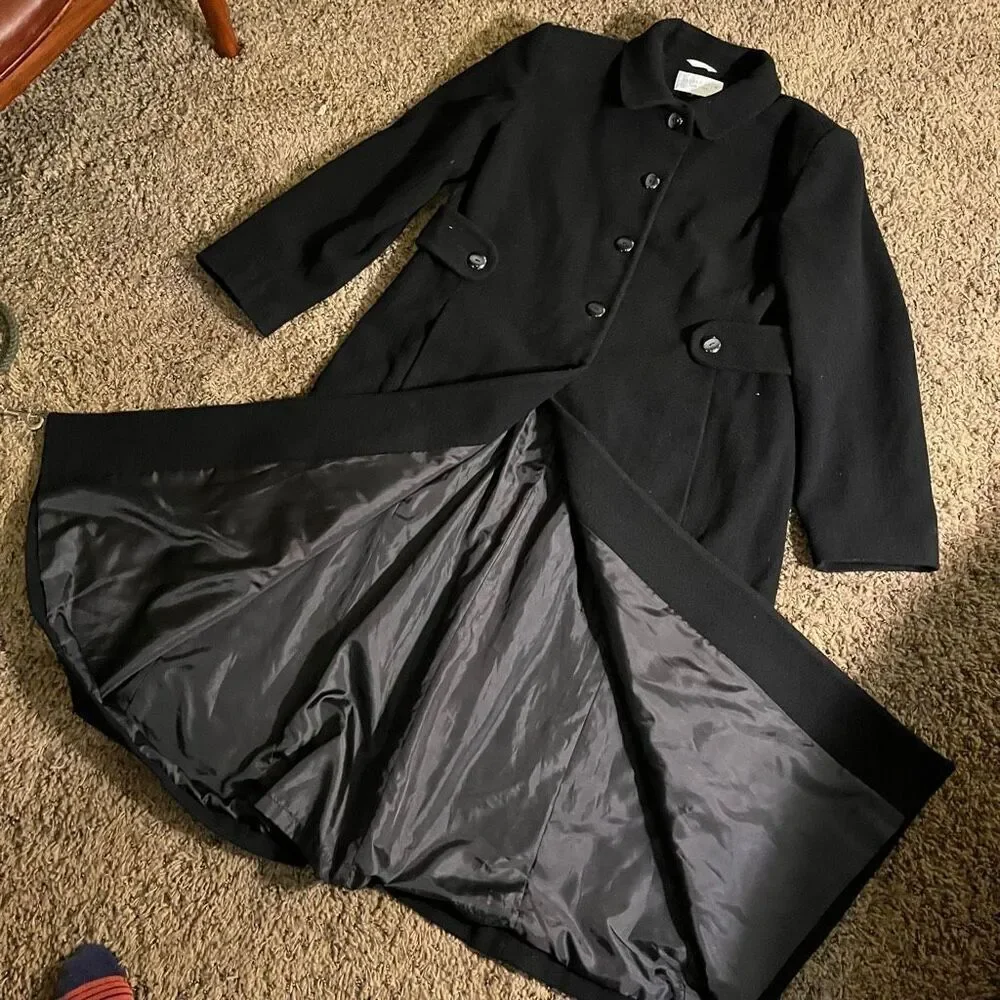 VTG Andrea Berm Black Wool Blend Long Coat L Classic 80s Minimalist